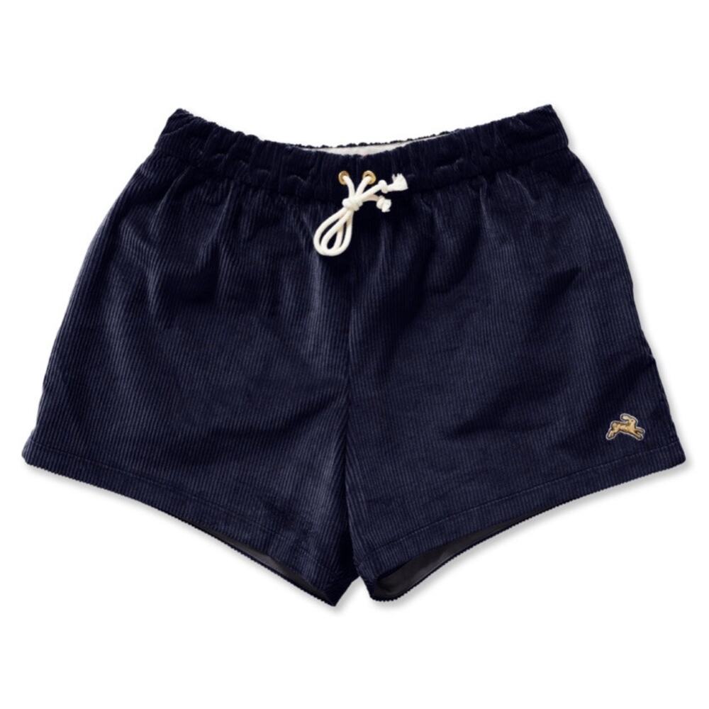 Tracksmith Navy Corduroy Athletic Shorts with White Drawstring